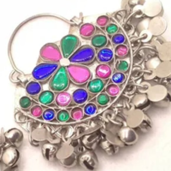 Silver Glass Stones Earrings, Tribal Kuchi Earrings, Hoop Earring, Boho BellsEar - Picture 6 of 6